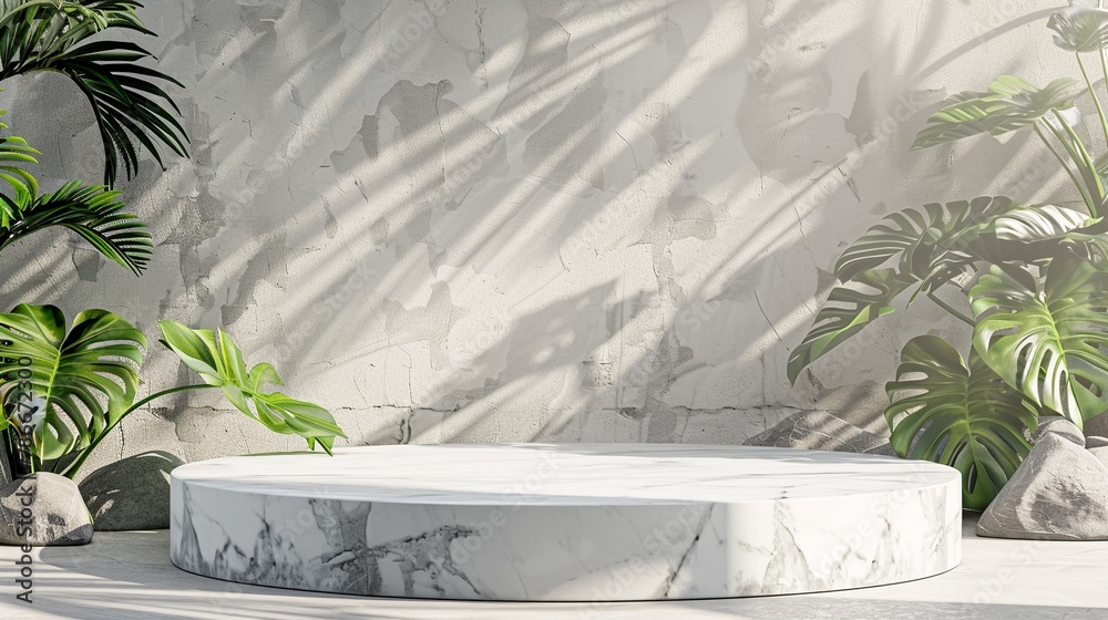 white marble display podium with leaves and shadow in white background, marble stone pedestal podium with natural shadow in natural background for cosmetic beauty product presentation concept . white marble display podium with leaves and shadow in white background, marble stone pedestal podium with natural shadow in natural background for cosmetic beauty product presentation concept .