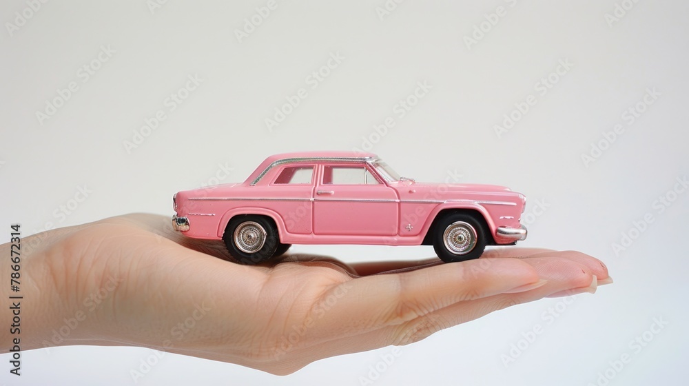 A small pink toy car balanced on a person's hand. Suitable for toy or transportation concepts