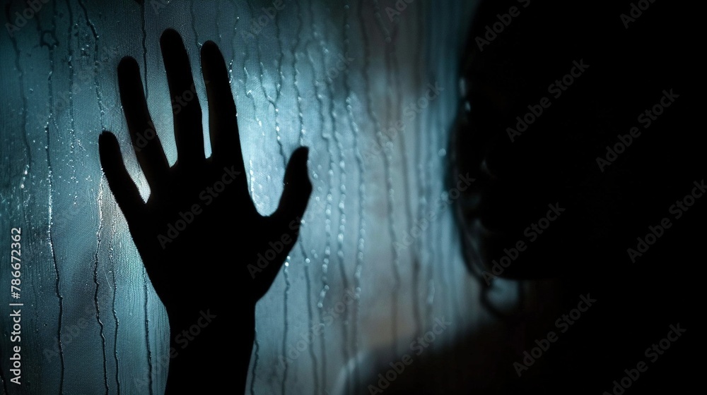 Silhouette of a lonely sad woman touching wet glass window, young woman silhouette reaching out in blue dark backgrounds. Silhouette of a lonely sad woman touching wet glass window, young woman silhouette reaching out in blue dark backgrounds.