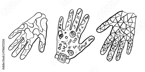 An intricate black and white drawing featuring a hand with a watch on the wrist. The detailed pattern of the fingers and thumb showcases artistic skill in this fashion accessory piece of visual arts