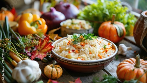 outdoor autumn harvest table featuring a bowl of fresh sauerkraut as part of a farm-to-table meal, surrounded by seasonal vegetables photo