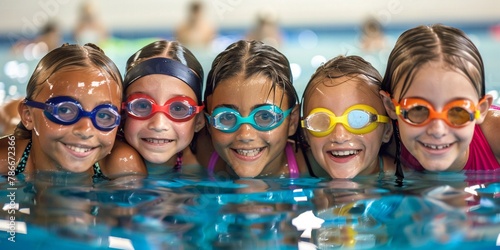 Group of happy kids learning swimming in indoor summer pool. Happy children kids group at swimming pool class learning to swim, happy summer vacation. © JW Studio