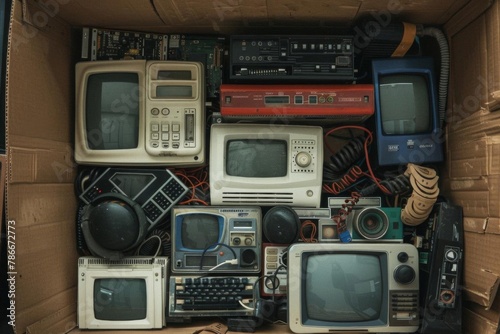 vintage electronics and gadgets in cardboard box for recycling or donation conceptual still life