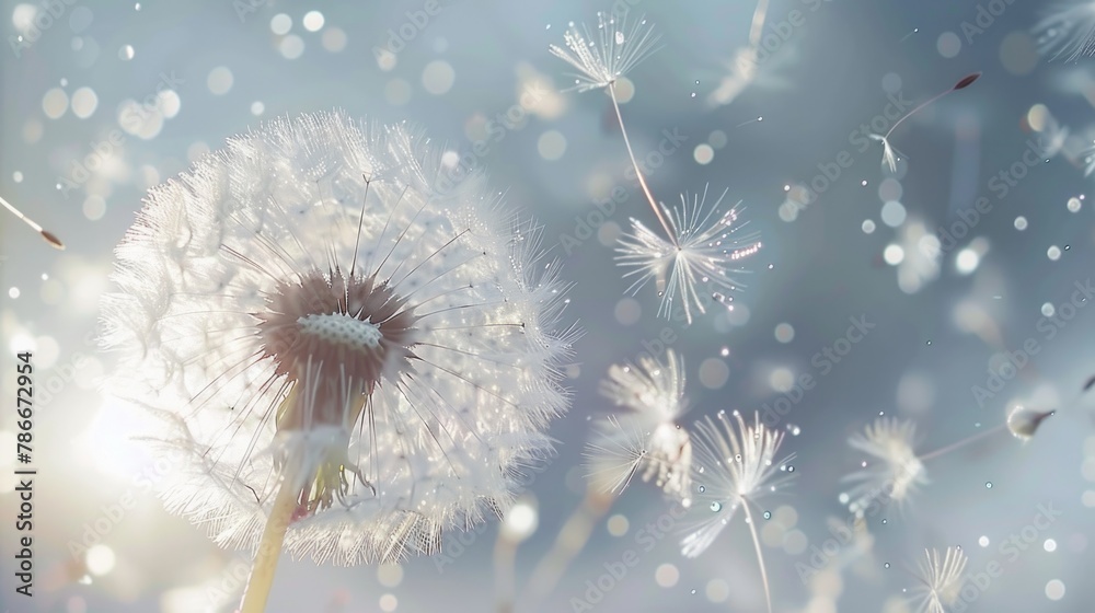 Obraz premium A dandelion with seeds blowing in the wind. Perfect for nature concepts