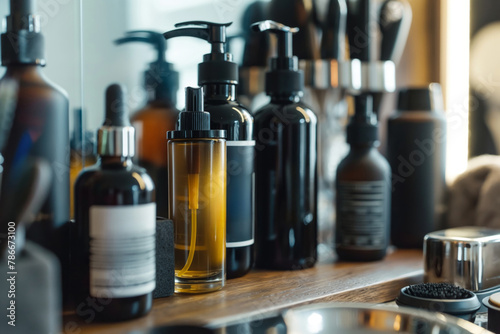 Close-up view of various men's skincare and grooming products arranged neatly