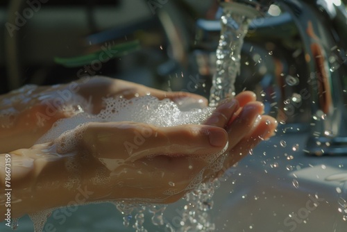 A person washing their hands with soap. Suitable for health and hygiene concepts