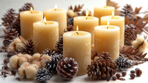 PNG image of candles, cones, and cotton on a white background