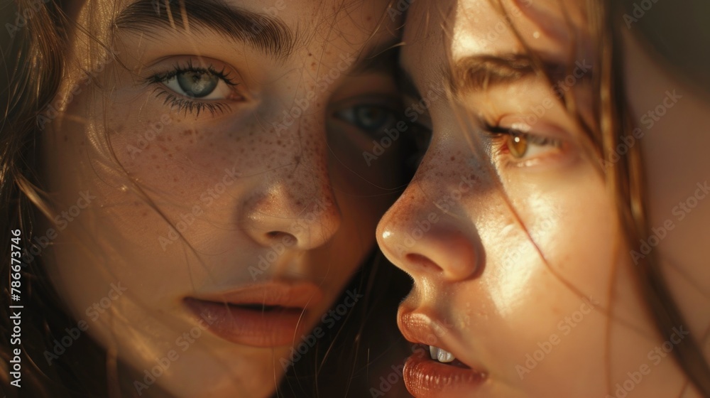 Close up of two women with freckles, suitable for beauty or skincare concepts Close up of two women with freckles, suitable for beauty or skincare concepts