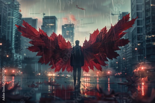 A man standing in the rain with red wings. Suitable for artistic projects