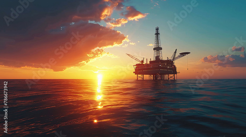 Offshore oil rig drilling platform at sunset. Oil and gas platforms north sea