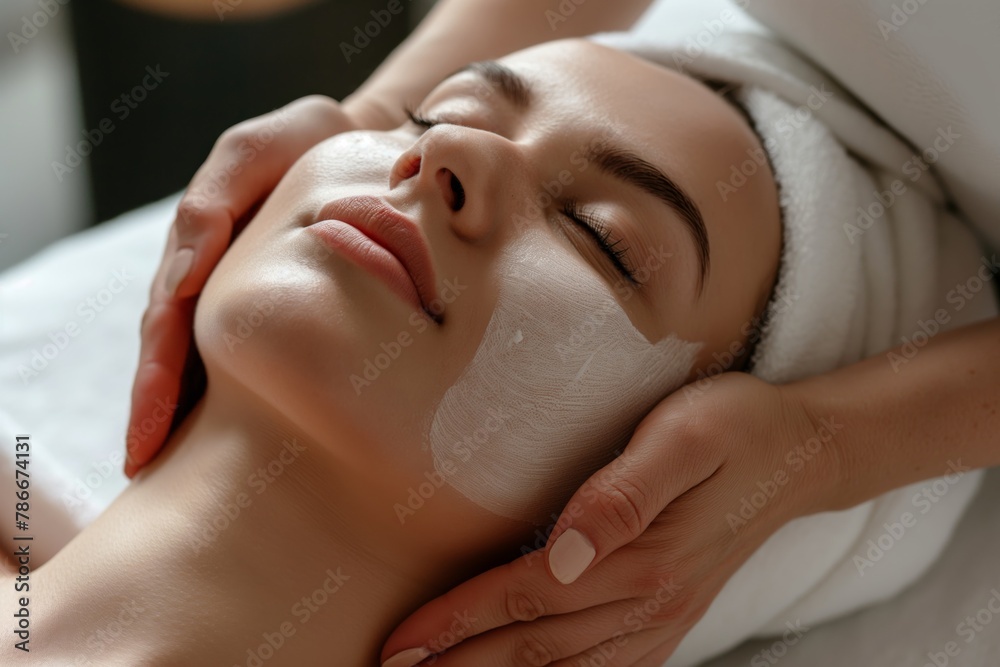 Close-up of a relaxed woman receiving a pampering facial massage with cream at a luxury spa