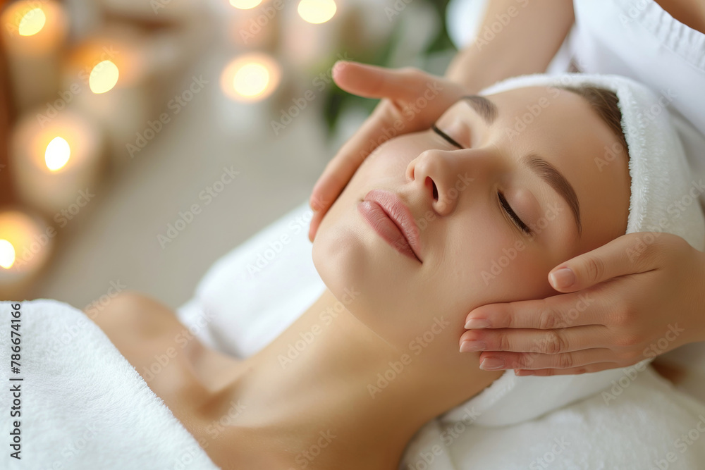 Peaceful woman receives a soothing lymphatic facial massage, surrounded by candles