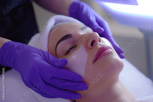 Woman undergoing collagen induction therapy. Close-up of a woman receiving a professional microneedling facial treatment for skin rejuvenation photo