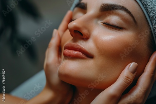 Close-up of a content woman receiving a gentle and relaxing facial massage at a wellness spa