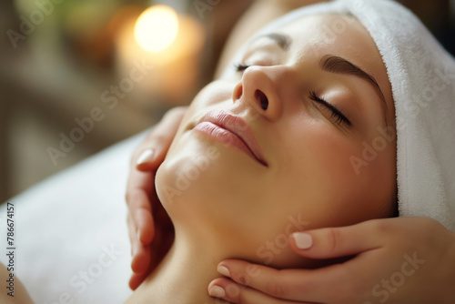 Close-up of a peaceful woman receiving a gentle facial massage, promoting lymphatic drainage and relaxation