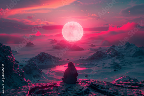 woman sitting at pink landscape with moon #786674159