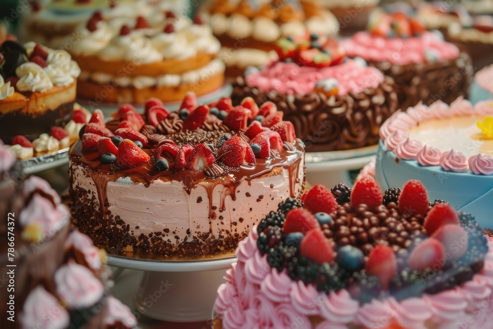 Various delicious cakes displayed on a table, perfect for bakery or dessert themes