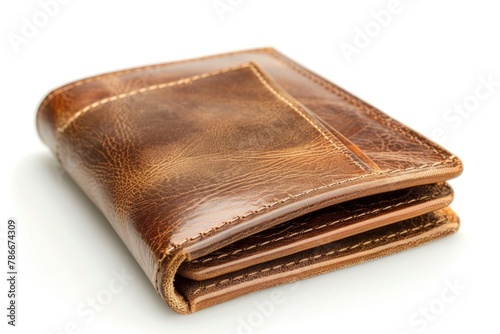 A simple brown leather wallet placed on a clean white surface. Ideal for finance or retail concepts
