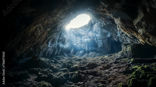 Sunlight floods a rugged cave mouth, highlighting the scattered greenery and textured rocky terrain within.