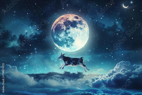 whimsical cow jumping over the moon in surreal night sky generative ai art photo