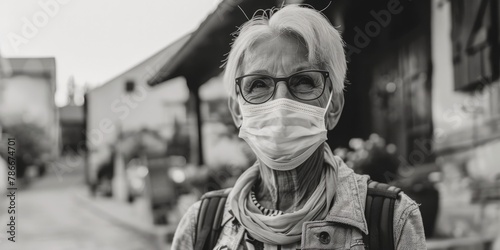 Woman wearing protective face mask on urban street, suitable for pandemic concept