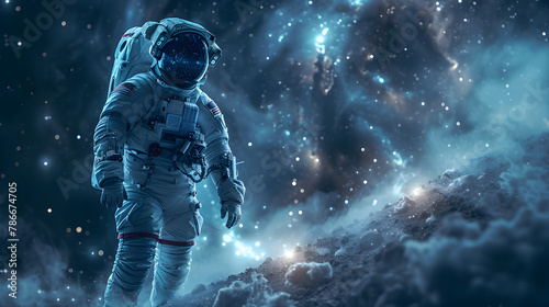 Male Astronaut Lost in Outer Space,Astronaut in outer space shows hand High quality photo,An astronaut stands in front of a starry sky



