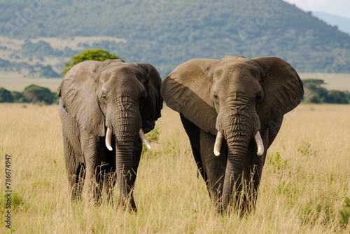 Majestic African elephants roaming the savannah, Witness the majestic presence of African elephants as they traverse the vast savannah