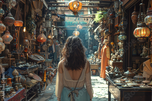 A shopper browsing the stalls of a vibrant flea market, discovering hidden treasures and unique finds. Concept of exploration and discovery. Generative Ai.
