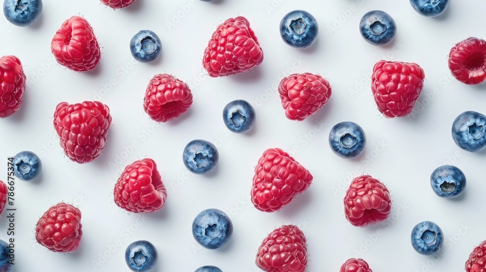 Juicy raspberries and blueberries on a clean white background. Perfect for food and nutrition concepts Juicy raspberries and blueberries on a clean white background. Perfect for food and nutrition concepts