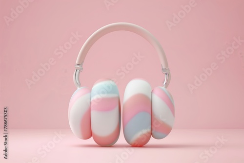 Gesture with pink and white headphones on a magenta background