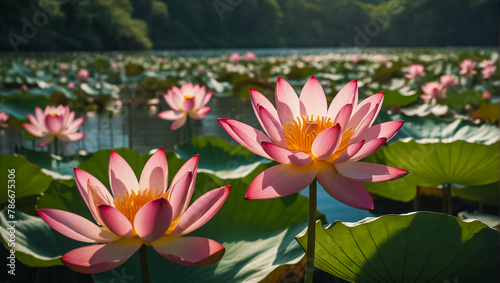 stunning, lotuses ,a lake ,Japan water surface