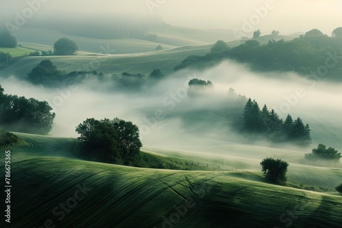 Misty mornings - Photographing landscapes covered in early morning fog, Capture the ethereal beauty of misty mornings as they envelop landscapes in a soft veil of fog photo