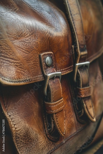 Detailed close up of a brown leather bag. Perfect for fashion or travel concepts