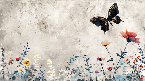 panel wall art, marble background with flowers designs and butterfly silhouette, wall decoration