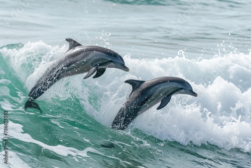 Playful and acrobatic dolphins frolicking in the surf  Witness the joyful spectacle of dolphins as they leap and somersault through the ocean waves