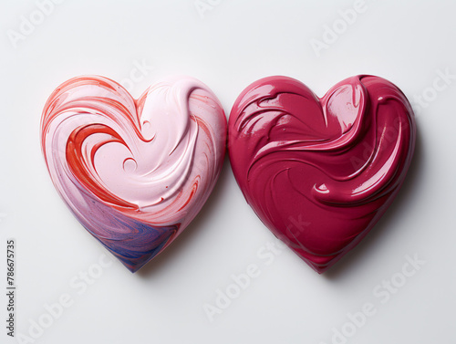 Two vibrant hearts in pink and red swirls