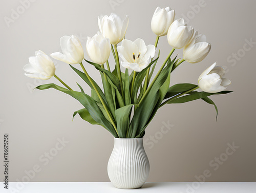 Elegant white tulips arranged in a ceramic vase on a neutral background
