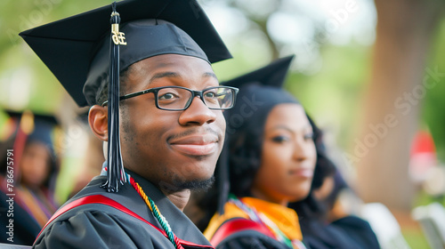 A proud, confident smiling black university graduate wearing glasses, a black graduation cap and gown, joyfully looks at the camera. Сollege graduate students, education success concept, copy space