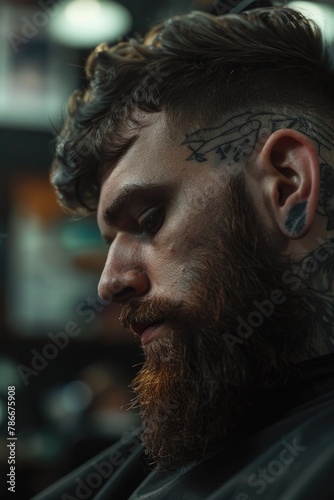 A close up of a man with a tattoo on his head. Perfect for tattoo or lifestyle concepts © Fotograf