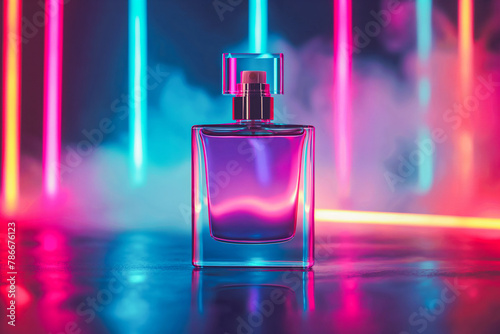 Blank glass perfume bottle with on neon light background. Mock up of modern perfumery bottle fragrance
