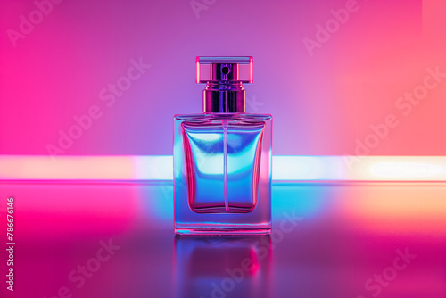 Blank glass perfume bottle with on neon light background. Mock up of modern perfumery bottle fragrance