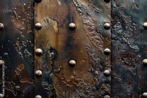 Detailed view of a metal door with rivets. Suitable for industrial or construction themes