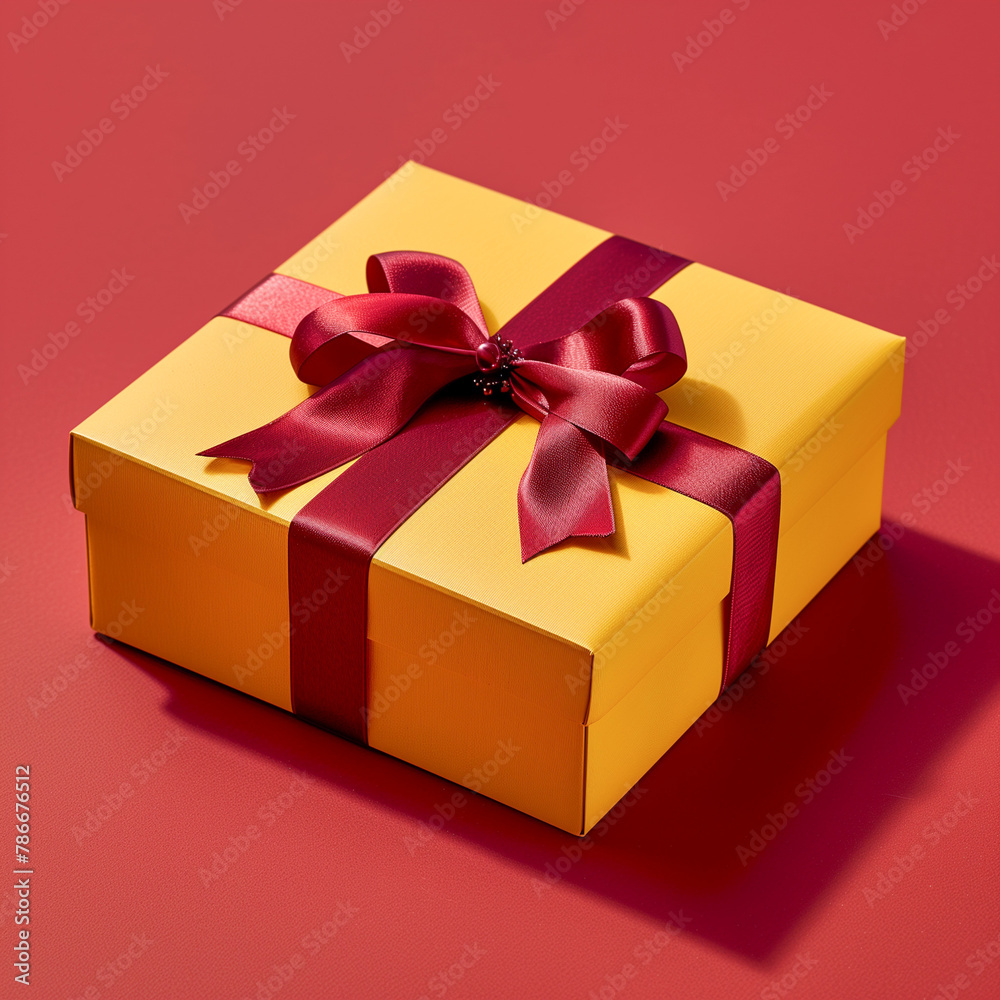 Gold box with a red bow on top. Box on a red background -12 Gold box with a red bow on top. Box on a red background -12