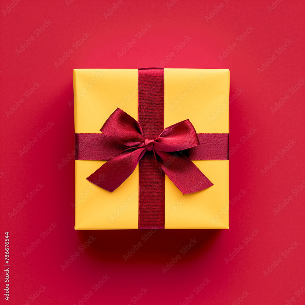 Gold box with a red bow on top. Box on a red background -08 Gold box with a red bow on top. Box on a red background -08