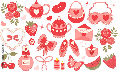 Cute red set retro 90s coquette style with Beautiful dishes, bow, perfume, cherry. Princess collection. Love Valentines Day.Vector illustration