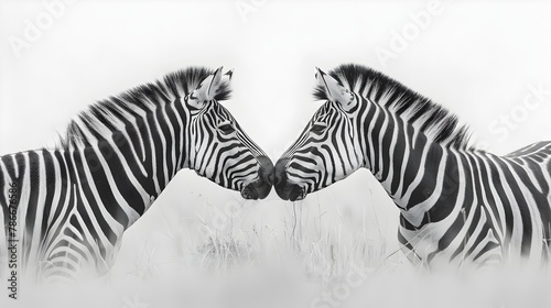 Two Mirror Image Burchell's Zebras Grazing on Savannah Plain in Nature photo