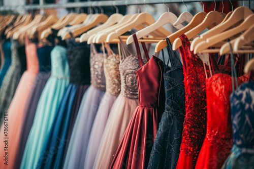 Collection of elegant evening dresses hanging on rack in luxury modern shop boutique. Dress rental for various occasions and events. Ball gown hire