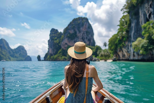 Traveler woman enjoying the breathtaking views of Ko Hong island from a boat, capturing the moment on her camera
