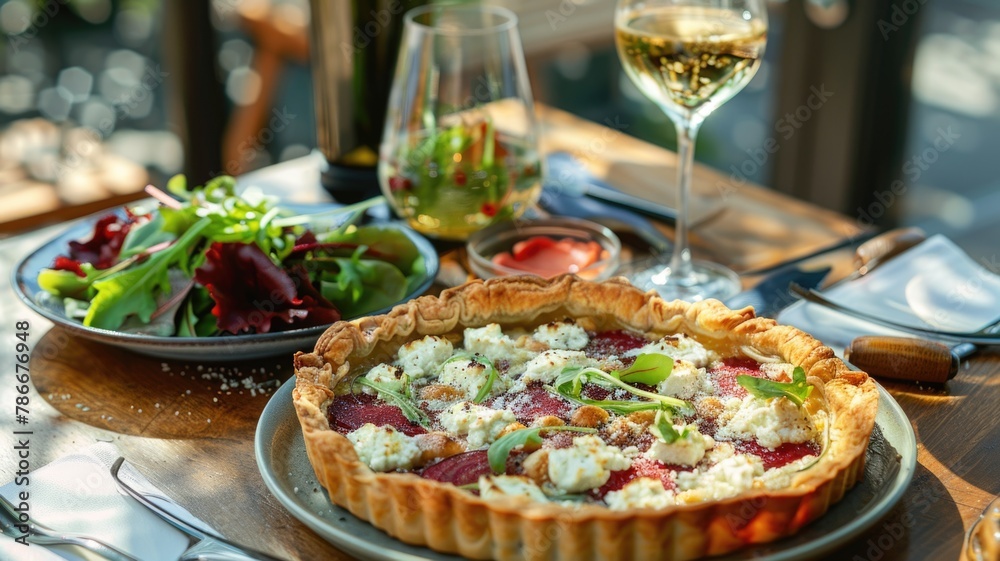 warm beets and chevre pie, side dish and glass of white wine ,lunch moment warm beets and chevre pie, side dish and glass of white wine ,lunch moment