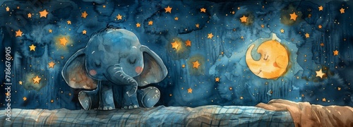 An adorable watercolor illustration of a little girl elephant lying in bed about to go to sleep for a t-shirt design with a cartoon character cartoon design. © Diana